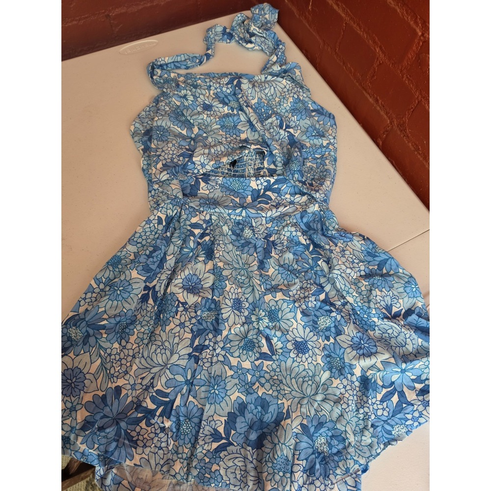 Petal Pup Blue Floral Linen Blend Romper Women's S Small Smocked Cottagecore
